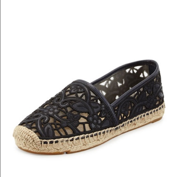 Tory Burch Lucia Lace Navy Blue & Black Espadrilles - 6 - Picture 1 of 15